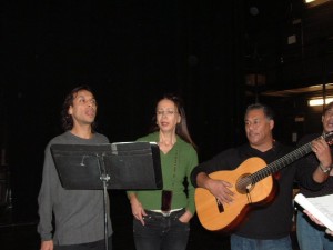 Jesse Borrego, Rosanna de Soto and Daniel Valdez practice to perform in The Westside Oratorio